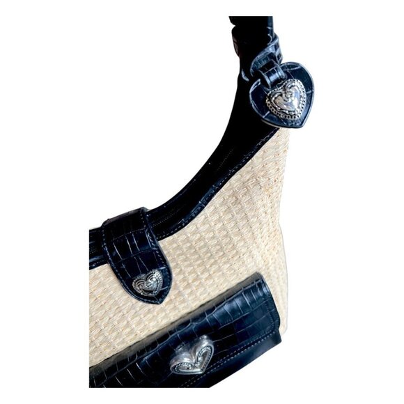 Raffa Straw & Black Crocodile Animal Print Vegan Leather Handbag Silver Hearts - Picture 6 of 13